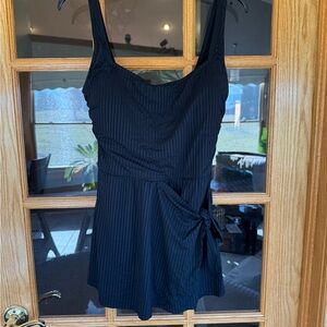 Black Striped One Piece Swimsuit with Attached Skirt